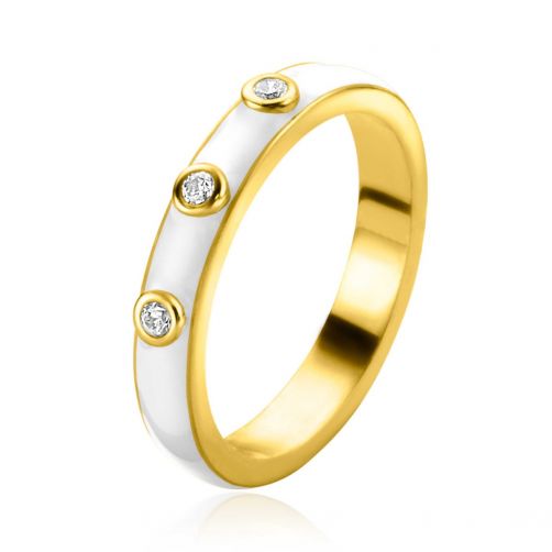 ZINZI Gold Plated Sterling Silver Stackable Ring Trendy White Enamel and White Zirconias 3mm ZIR2315W