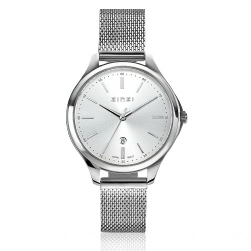 ZINZI Classy Watch 34mm Silver Colored Dial Stainless Steel Case and Mesh Strap Date ZIW1002M