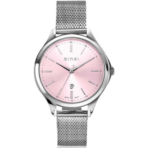 ZINZI Classy horloge 34mm roze wijzerplaat stalen kast en band datum ZIW1041M
