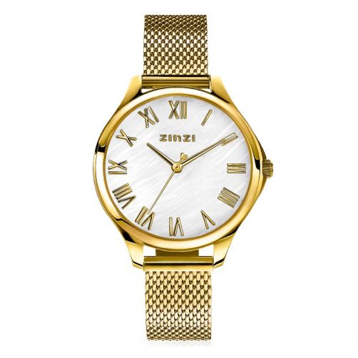 ZINZI Watch JULIA 34mm White Mother-of-Pearl Dial Roman Figures Gold Colored Stainless Steel Case and Mesh Strap ZIW1134M