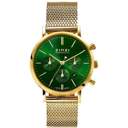 ZINZI Watch CHRONOGRAPH 34mm Green Dial with Date and Chronometers Gold Colored Stainless Steel Case and Mesh Strap 18mm ZIW1535