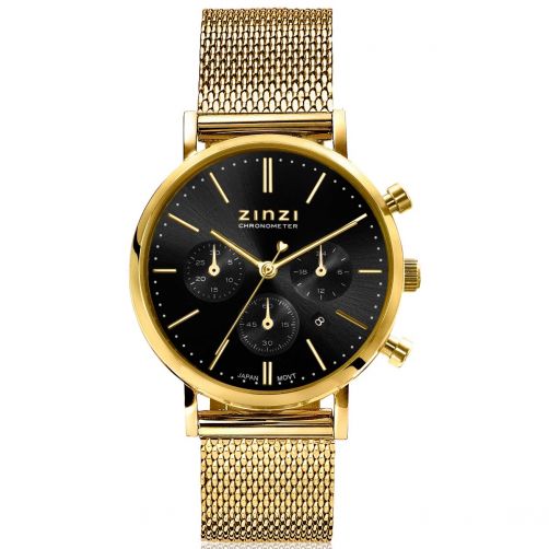 ZINZI Watch CHRONOGRAPH 34mm Black Dial with Date and Chronometers Gold Colored Stainless Steel Case and Mesh Strap 18mm ZIW1543