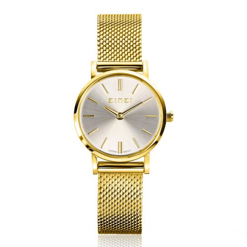ZINZI Retro Mini Watch Silver Colored Dial Gold Colored Case and Stainless Steel Mesh Band 24mm  ZIW1833