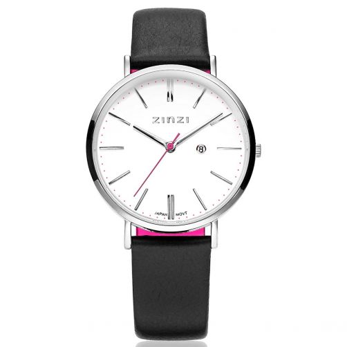 Zinzi Retro horloge witte wijzerplaat stalen kast lerenband zwart 38mm extra dun ZIW406
