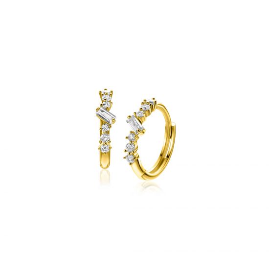 13mm ZINZI Gold 14 ct gold hoop earrings with rectangular baguette-cut zirconias and six round white cubic zirconias, with luxury clip closure 13 x 2mm ZGO528