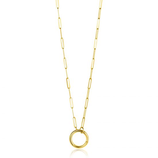 ZINZI Gold 14 karat gold paperclip necklace with a striking round front clasp, to which you can attach charms 45cm ZGC493
