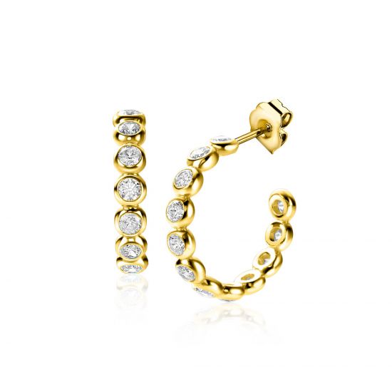 21mm ZINZI gold plated silver half hoop earrings, 4mm tube thickness, set with 12 white zirconias and with butterfly clasp ZIO2573Y
