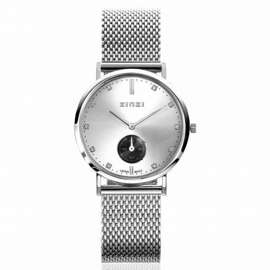 ZINZI Glam Watch 34mm Silver Colored Dial with White Crystals Silver Colored Stainless Steel Case and Mesh Strap  ZIW539M