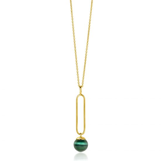 ZINZI Gold Plated Sterling Silver Necklace with Oval Pendant and Dangling Bead in Green Cat's Eye 40-45cm ZIC2420