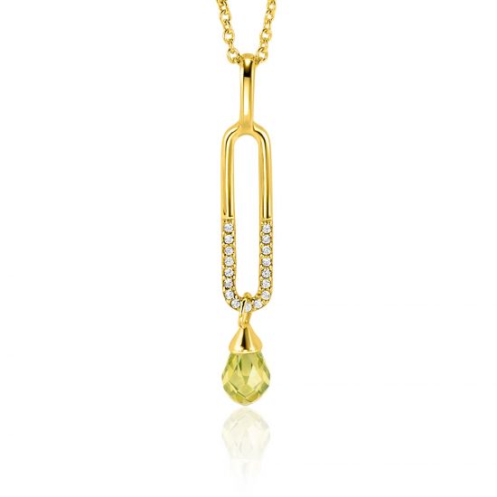 37mm ZINZI Gold Plated Sterling Silver Pendant with Trendy Open Oval Shape White and Drop Pendant Green Peridot ZIH2430 (excl. necklace)