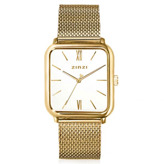 ZINZI Square Roman Watch 32mm White Dial Gold Colored Square Case and Mesh Strap ZIW807M
