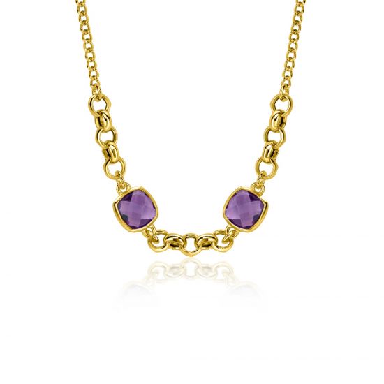 ZINZI gold-plated silver gourmet link necklace with two square purple gemstones, 40-45cm, ZIC-BF122
