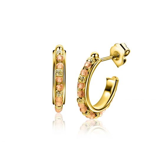 20mm ZINZI gold-plated silver stud earrings with round champagne beads and detailed spheres, ZIO-BF128
