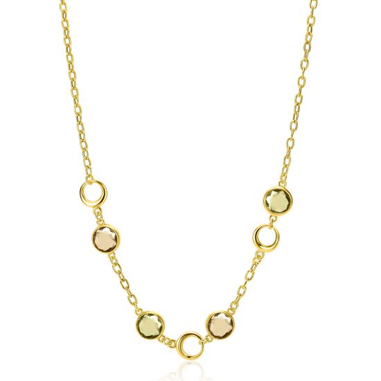 ZINZI Gold Plated Sterling Silver Fantasy Necklace with Round Settings with Champagne, Brown en Green Color Stones 42-45cm ZIC-BF91
