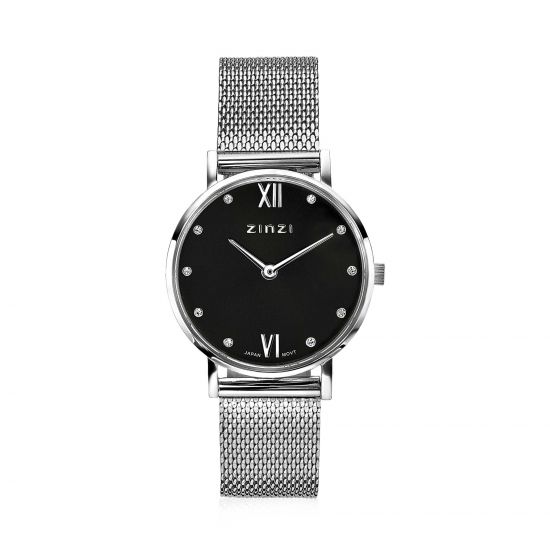 ZINZI Lady Crystal Watch 28mm Black Dial with White Crystals Stainless Steel Case and Mesh Band ZIW629M