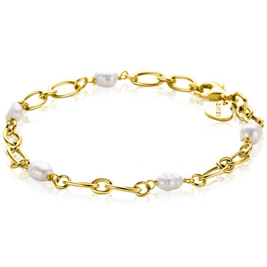ZINZI gold-plated silver link bracelet with naturally shaped freshwater pearls, 19cm, ZIA-BF112G