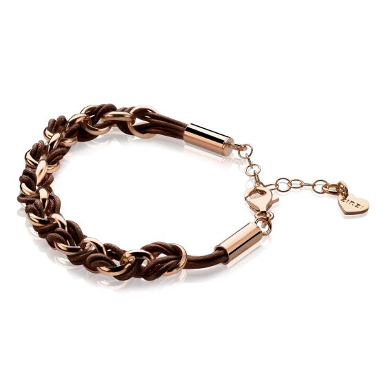 ZINZI Rose Gold Plated Sterling Silver Chain Bracelet with Brown Rope 18,5-21cm ZIA1035RB
