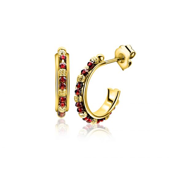 20mm ZINZI gold-plated silver stud earrings with round red beads and detailed spheres, ZIO-BF127