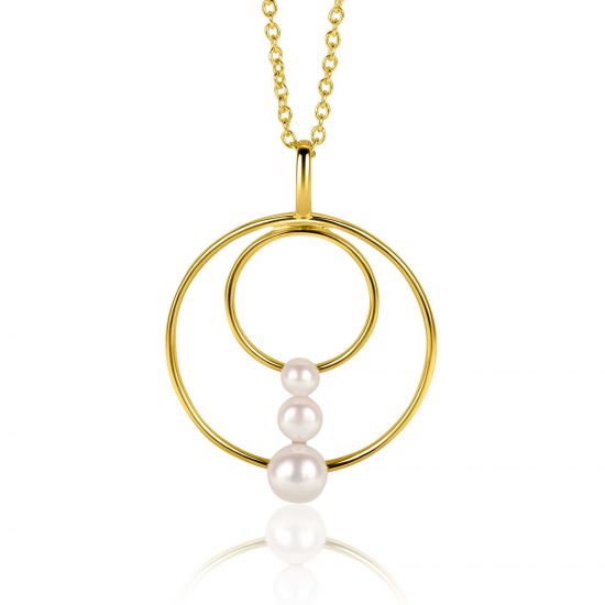 34mm ZINZI gold plated silver round fantasy pendant set with three round white freshwater pearls ZIH2616 (without necklace)