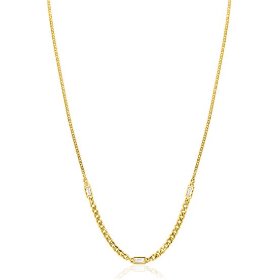 ZINZI Gold Plated Sterling Silver Necklace with Curb Chains in Different Sizes Combined with 3 Rectangular Baguette Cut Zirconias 42-45cm ZIC2410