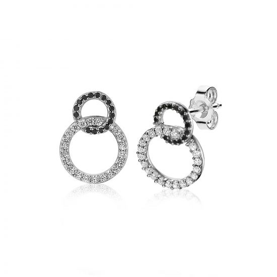 ZINZI Sterling Silver Stud Earrings 2 Connected Open Circles Black and White Zirconias ZIO1987
