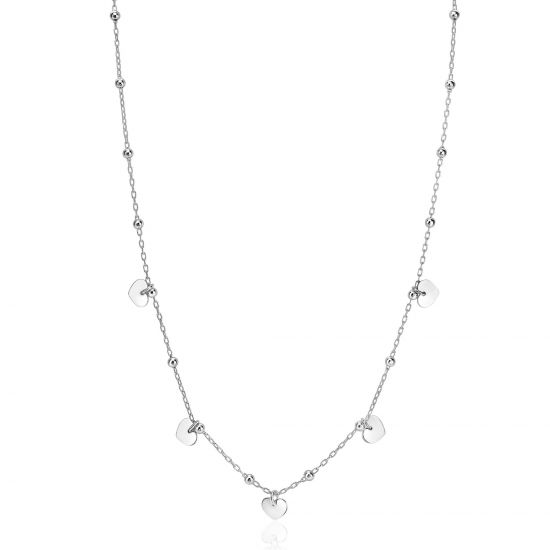 ZINZI Sterling Silver Chain Necklace with Beads and 5 Shiny Heart Charms 42-45cm ZIC2531