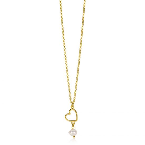 ZINZI gold plated silver necklace with open heart and dangling white freshwater pearl 40-45cm ZIC2642