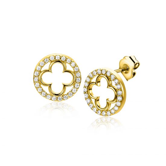 11mm ZINZI gold-plated silver stud earrings with a clover and rounded edge, adorned with white zirconia, ZIO-BF116Y