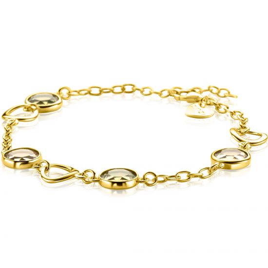 ZINZI Gold Plated Sterling Silver Fantasy Bracelet with Round Settings with Champagne, Brown en Green Color Stones 17-20cm ZIA-BF91