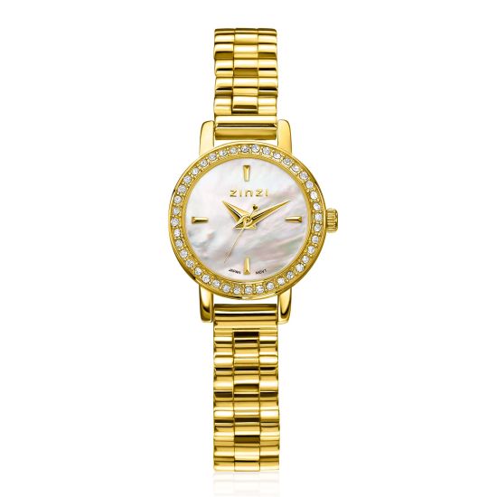 ZINZI Etoile Watch 20mm White Mother-of-Pearl Dial Gold Colored Stainless Steel Case set with white zirconia and Gold Colored Strap ZIW3234
