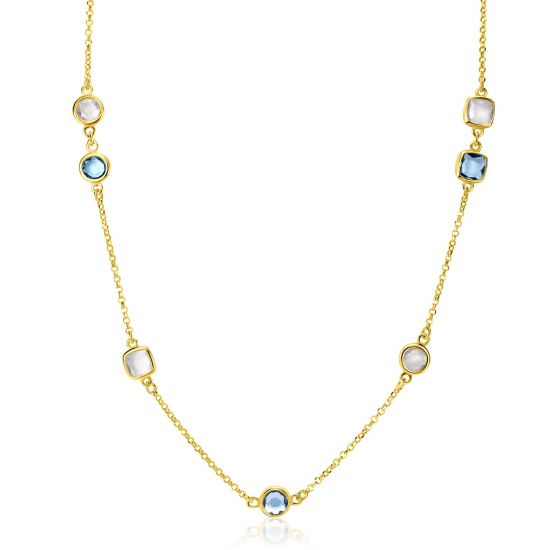 ZINZI Gold Plated Sterling Silver Multi-look Bracelet Curb and Green Bead Chain with Round Setting with Olive Green Color Stone 16,5-19,5cm ZIA2528G