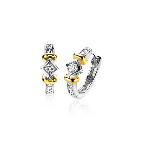 16mm ZINZI Sterling Silver Bicolor Hoop Earrings Bar White Zirconia ZIO2121CR