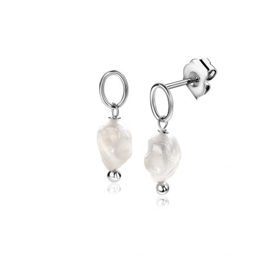 21mm ZINZI silver stud earrings with an openwork circle, featuring a dangling white freshwater pearl, ZIO-BF112