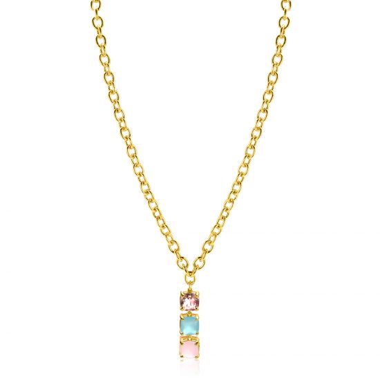 ZINZI Gold Plated Sterling Silver Chain Necklace with Luxurious Pendant (30mm) of 3 Square Settings Set with Pink and Turquoise Color Stones 43-45cm ZIC2454