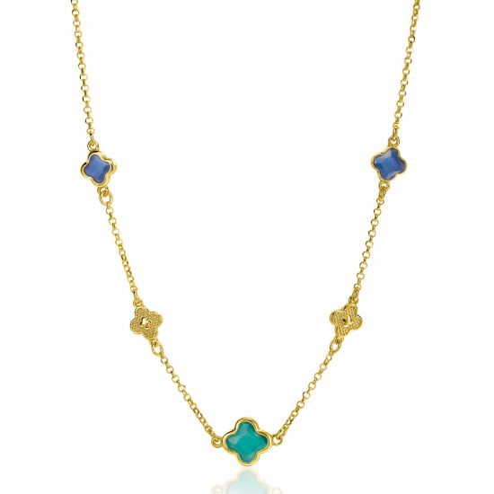 ZINZI gold plated silver link necklace with two dark blue clovers and one larger green clover 40-45cm ZIC2583
