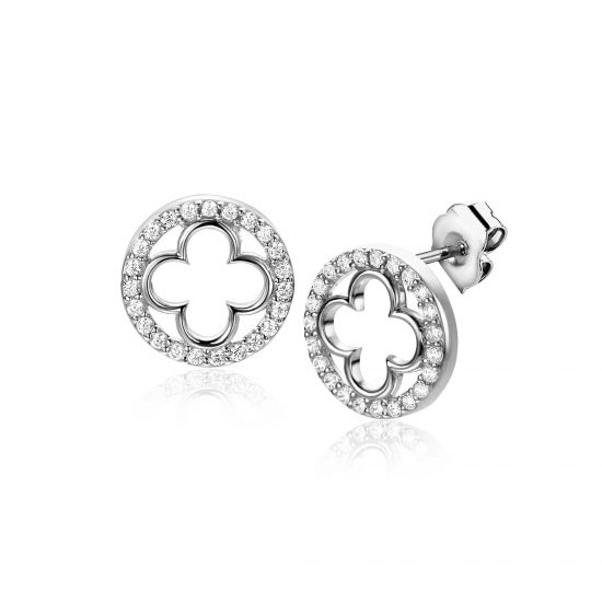 11mm ZINZI silver stud earrings with a clover and rounded edge, adorned with white zirconia, ZIO-BF116