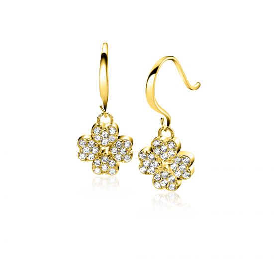 17mm ZINZI gold-plated silver drop earrings with a four-leaf clover adorned with white zirconia, ZIO-BF131