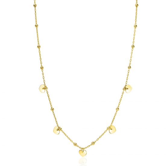 ZINZI Gold Plated Sterling Silver Chain Necklace with Beads and 5 Shiny Heart Charms 42-45cm ZIC2531G