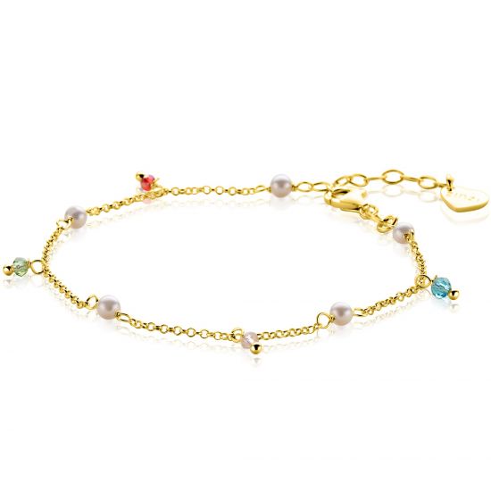 ZINZI zlv. armband gg.verg.parel en kleursteentjes