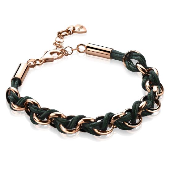 ZINZI Rose Gold Plated Sterling Silver Chain Bracelet with Green Rope 18,5-21cm ZIA1035RG