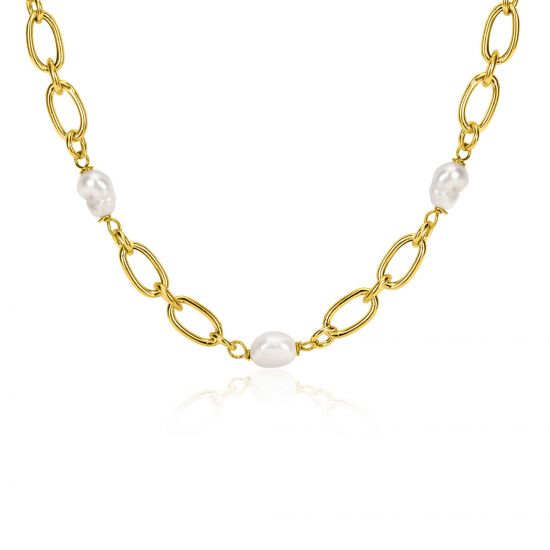 ZINZI gold-plated silver link necklace with white freshwater pearls, 49cm, ZIC-BF112G