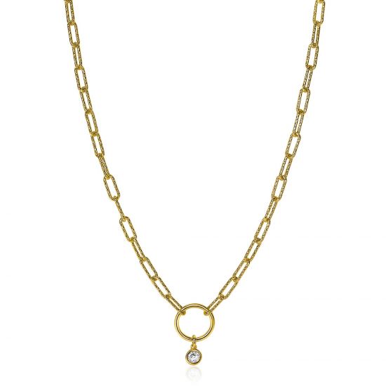 ZINZI Gold Plated Sterling Silver Paperclip Chain Necklace Round White Zirconia 45cm ZIC2200Y