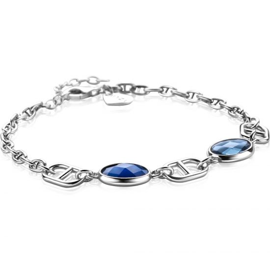 ZINZI Sterling Silver Marine Chain Bracelet with 2 Oval Settings with Blue and Light Blue Color Stones 16,5-19,5cm ZIA-BF90