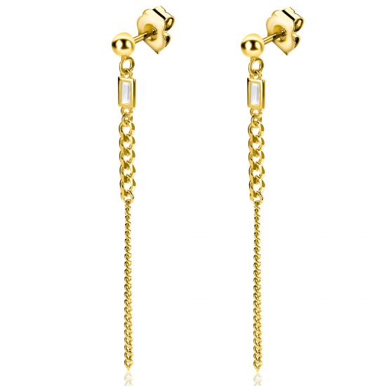 56mm ZINZI Gold Plated Sterling Silver Earrings with Curb Chain and Rectangular Setting with White Zirconia ZIO2410