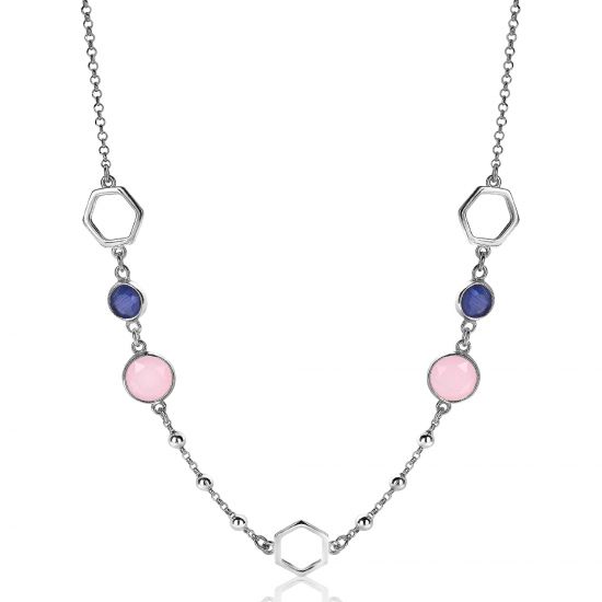 ZINZI Sterling Silver Fantasy Necklace Open Hexagons and Blue and Pink Color Stones 45cm ZIC2002
