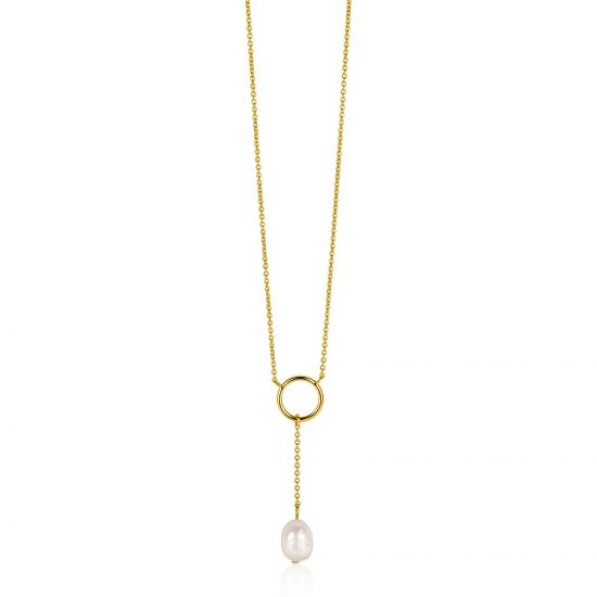 ZINZI gold plated silver Y-necklace with open circle and dangling white freshwater pearl in organic shape 42-45cm ZIC2615
