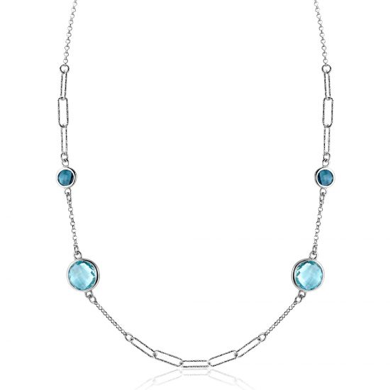 ZINZI Sterling Silver Fantasy Necklace with Paperclip Chains and 4 Round Settings Set with Light Blue and Indigo Blue Color Stones 40-45cm ZIC2418