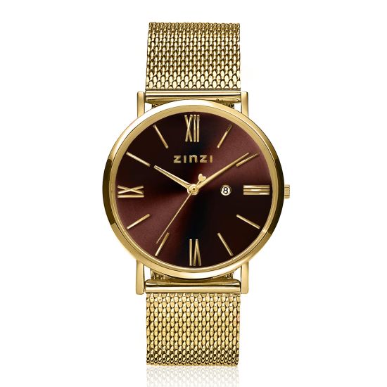 ZINZI Roman Watch 34mm Brown Dial Gold Colored Stainless Steel Case and Mesh Strap  ZIW536M