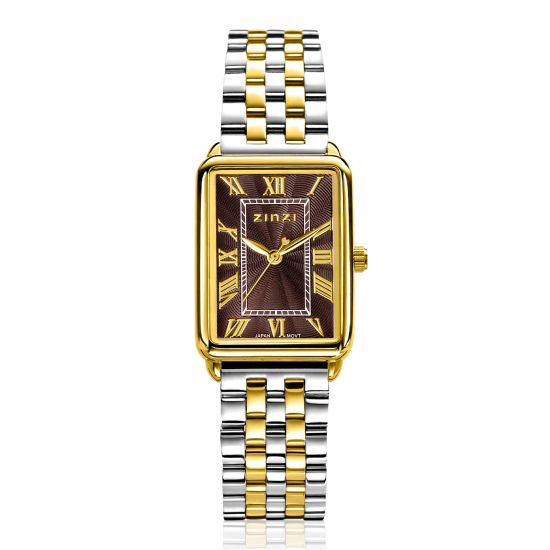 ZINZI Elegance Watch 28mm Brown Dial and Rectangular Case Stainless Steel bicolor Chain Strap Japanese movement ZIW1936