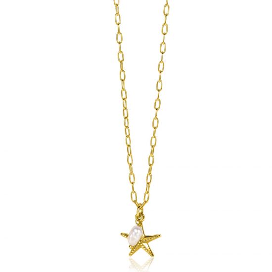 ZINZI gold plated silver necklace with paperclip links and large starfish pendant with oval white freshwater pearl 40-45cm ZIC2641